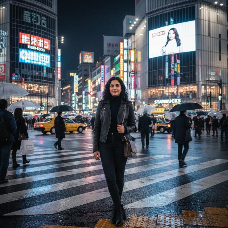 standing at the famous Shibuya crossing at night, neon lights and billboards glowing, urban energy
