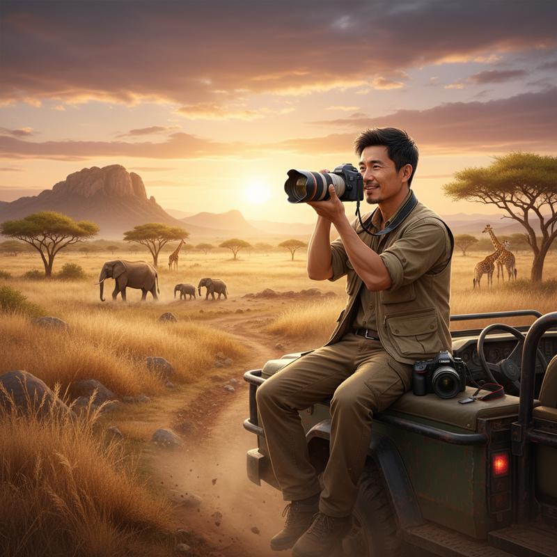 on a safari jeep in African savanna at golden hour, wildlife adventure, stunning landscape