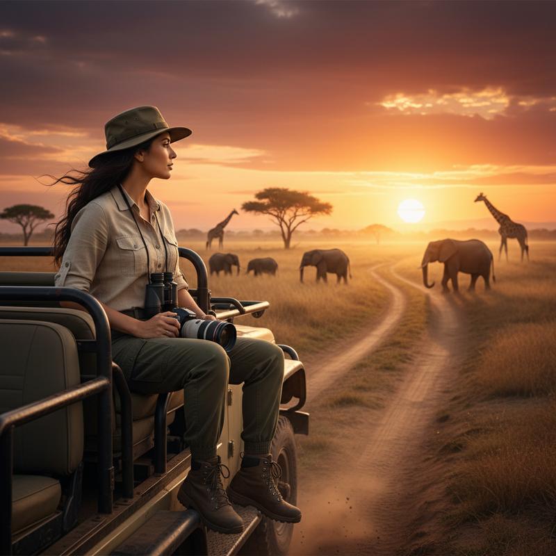 on a safari jeep in African savanna at golden hour, wildlife adventure, stunning landscape