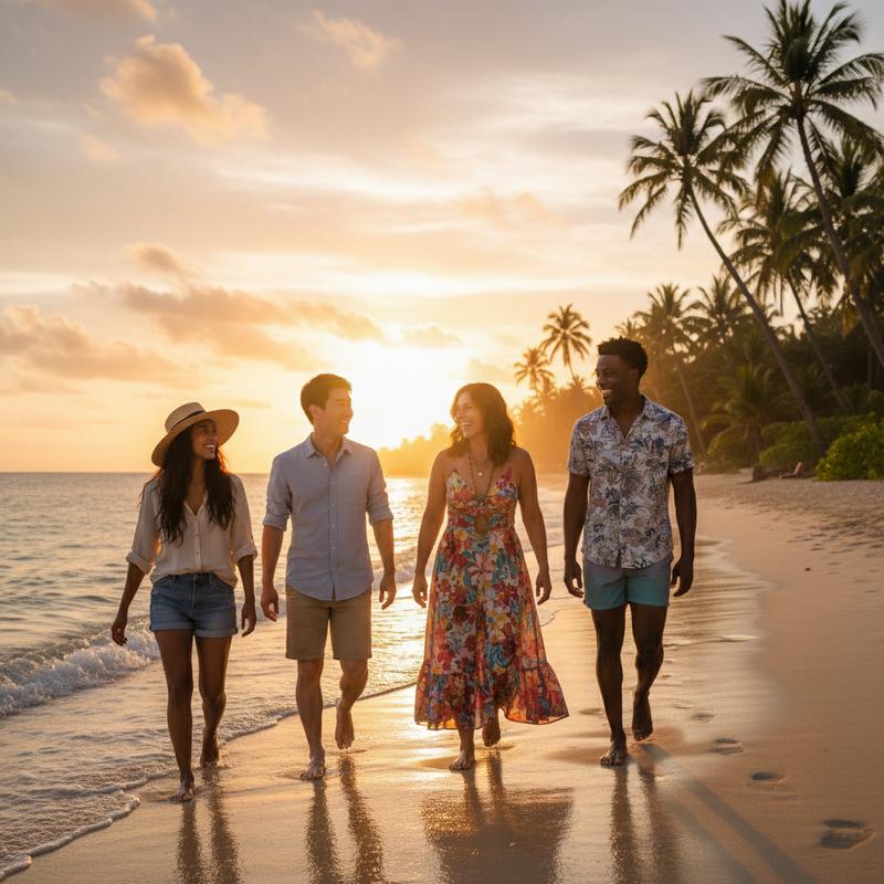 group of friends walking together on a tropical beach at sunset, laughing and enjoying vacation
