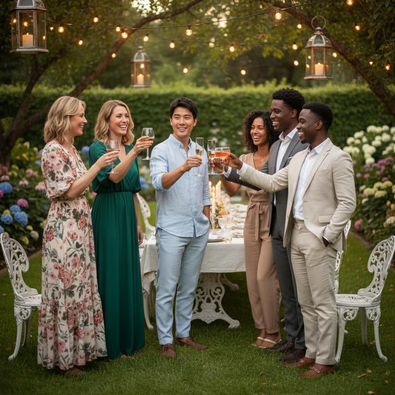 group at an elegant garden party, toasting with drinks, festive summer evening