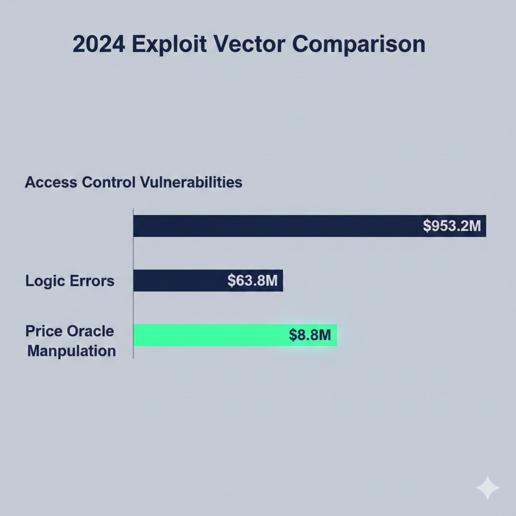 Infographic comparing the top 2024 crypto exploit vectors by total dollar loss. Use a bar chart to display: Access Control Vulnerabilities ($953.2M), Logic Errors ($63.8M), and Price Oracle Manipulation ($8.8M). The title should be 'Top Smart Contract Exploit Vectors by Loss (2024 Data).' Highlight the Oracle Manipulation bar.
