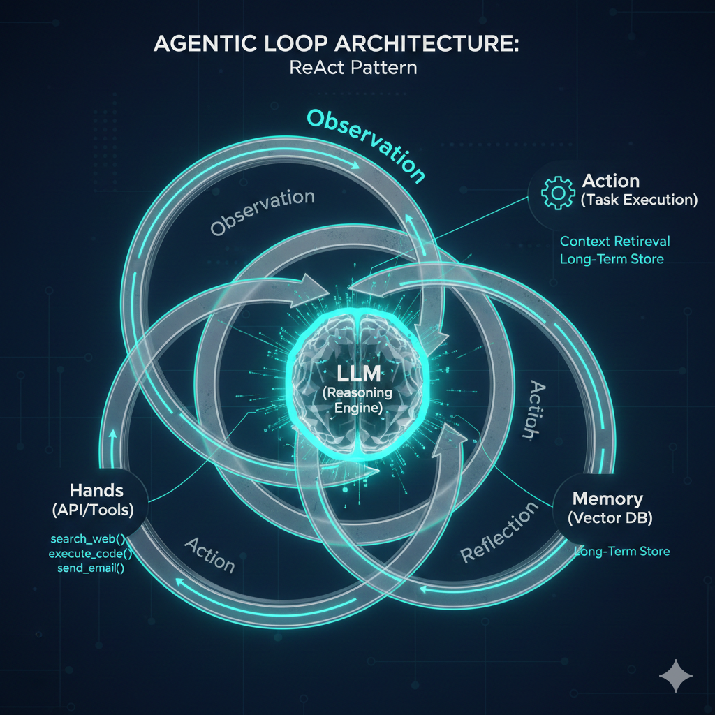 A sophisticated technical diagram showing the ReAct loop of an AI agent. Central brain node connected to circular paths labeled 'Reasoning,' 'Acting,' and 'Observation,' with peripheral icons representing API tools, cloud databases, and long-term memory modules, clean futuristic UI style.