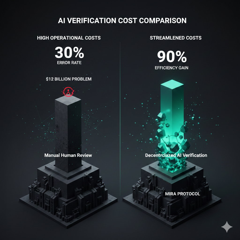 A professional bar chart comparing the high operational costs of Manual Human Review versus the significantly lower, streamlined costs of Decentralized AI Verification in a clean, corporate data-viz style.