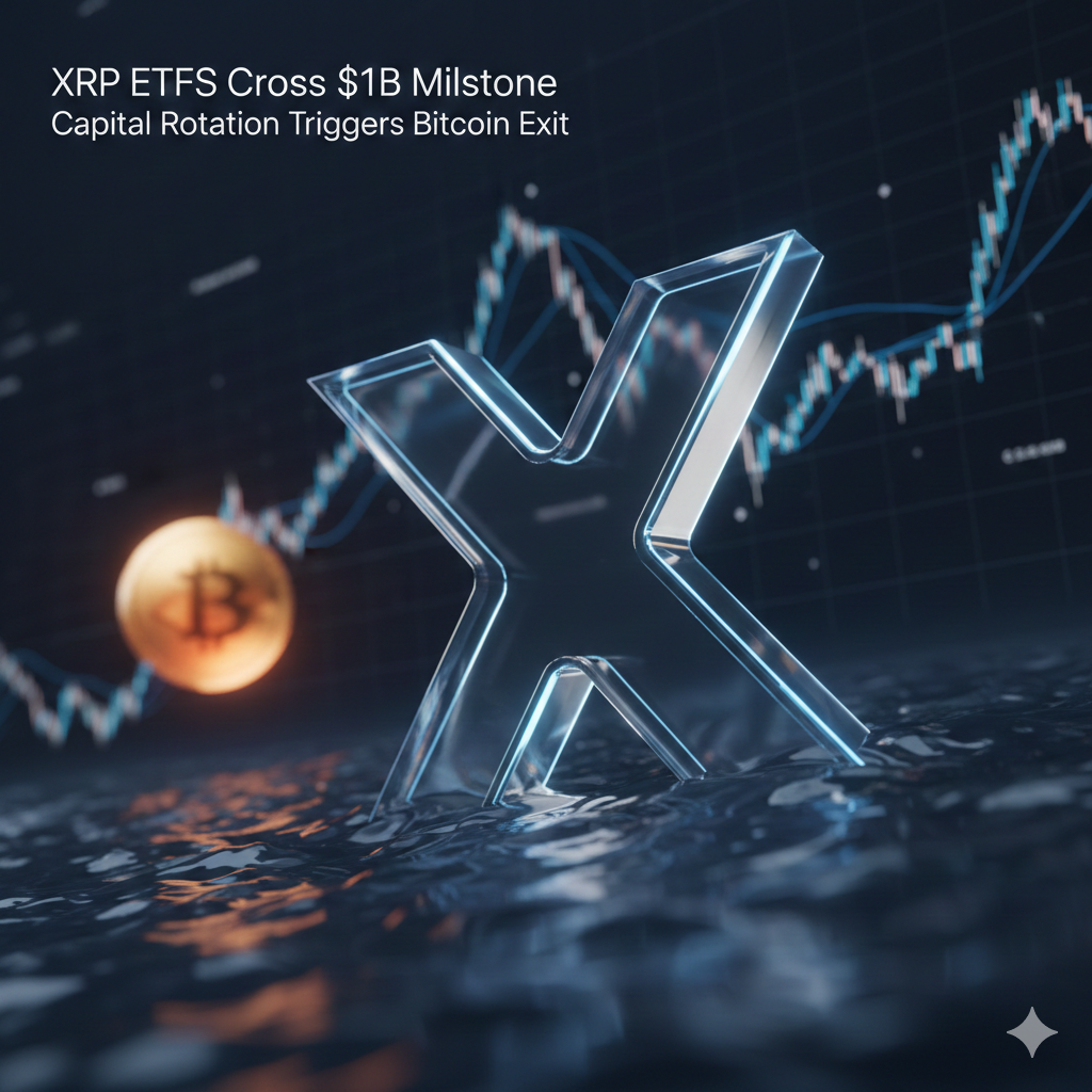 3D financial graphic depicting capital flow from Bitcoin to XRP symbols.