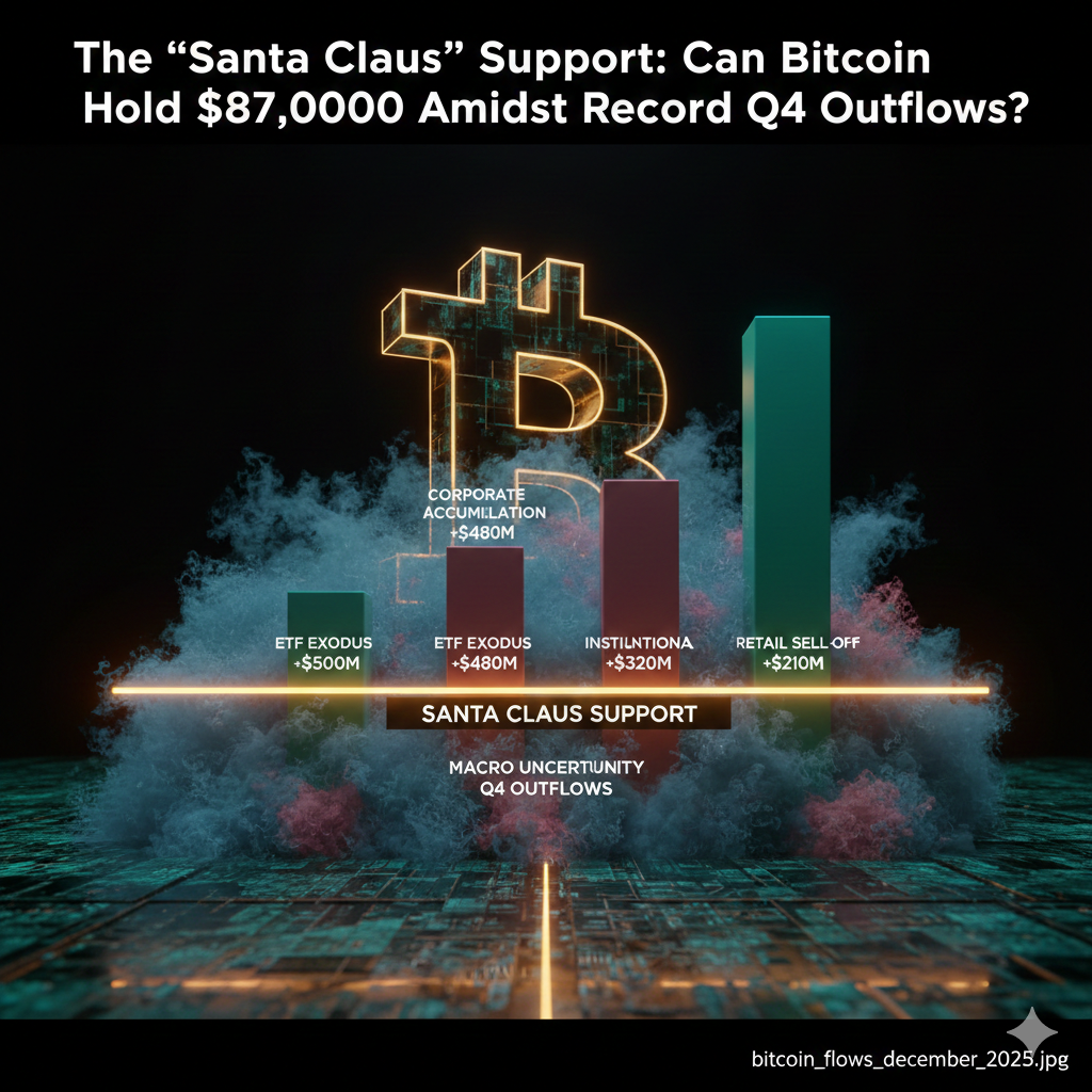A professional financial bar chart comparing 'Net ETF Outflows' showing red bars trending downward and 'Corporate Treasury Inflows' showing green bars trending upward for December 2025.