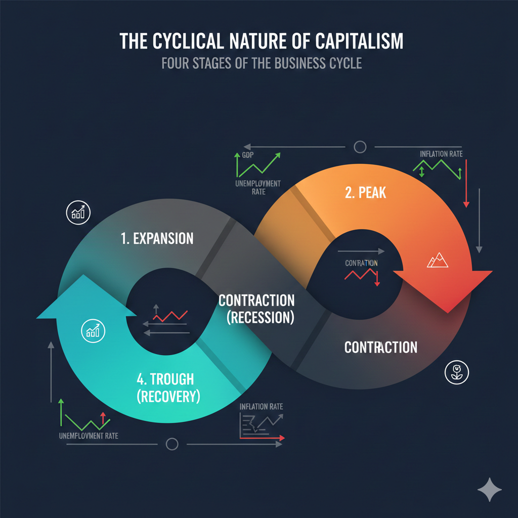 A clean, professional infographic illustrating the four stages of the business cycle as a continuous, repeating wave. The curve should be labeled with the four phases: Expansion, Peak, Contraction (Recession), and Trough (Recovery). Key attributes like GDP (rising in expansion, falling in contraction), Unemployment Rate (falling in expansion, rising in contraction), and Inflation Rate should be clearly plotted alongside the main cycle line to show their relative behavior in each phase. The overall aesthetic should be modern, using a color gradient from green (growth) to red (slowdown).