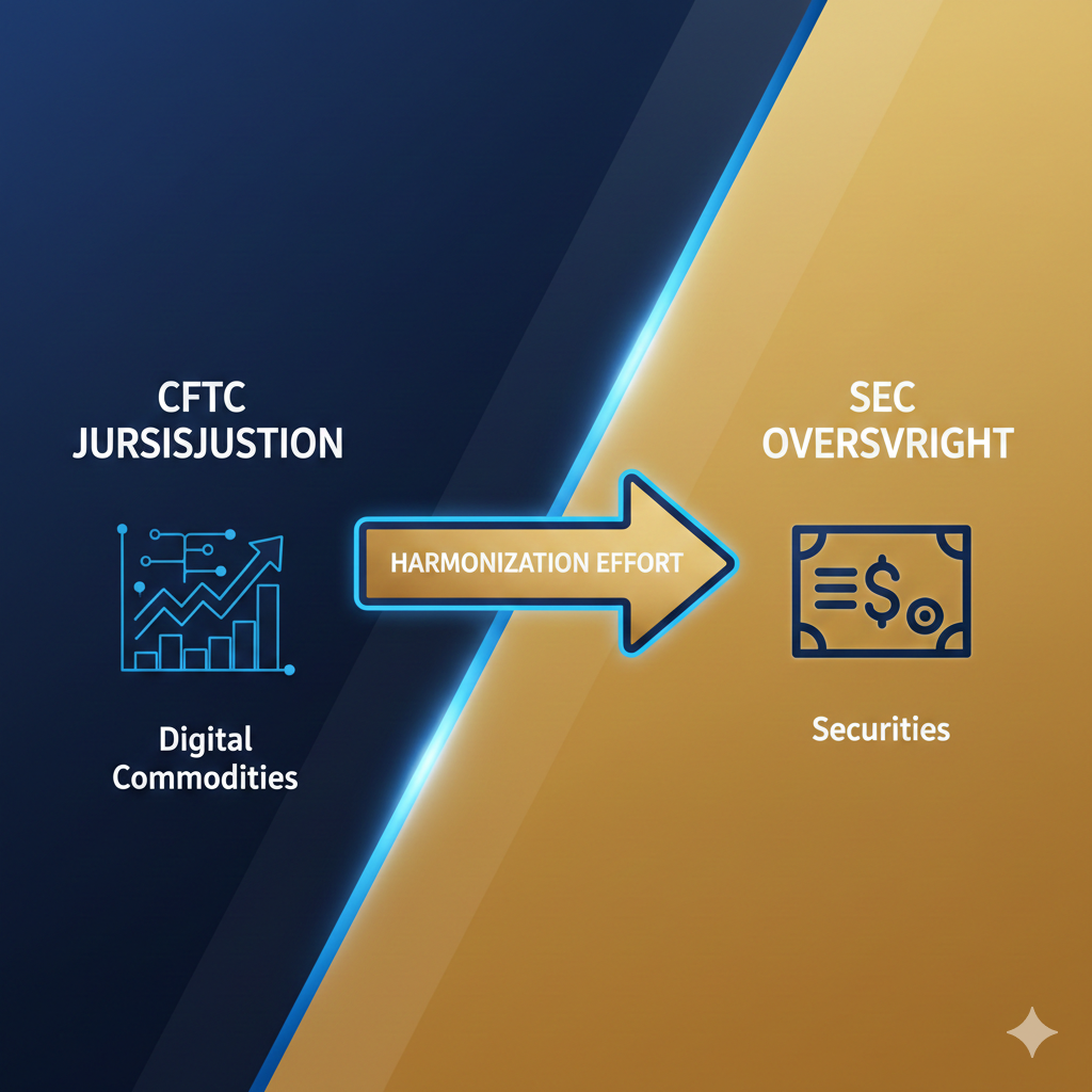 Conceptual graphic illustrating a clear split of regulatory authority: A boundary line divides a digital asset market. One side is labeled 'Digital Commodities Spot Market (CFTC Jurisdiction)' with abstract representations of decentralized tokens. The other side is labeled 'Digital Asset Securities (SEC Jurisdiction)' with abstract representations of tokenized investments, showing clear and separate regulatory paths.