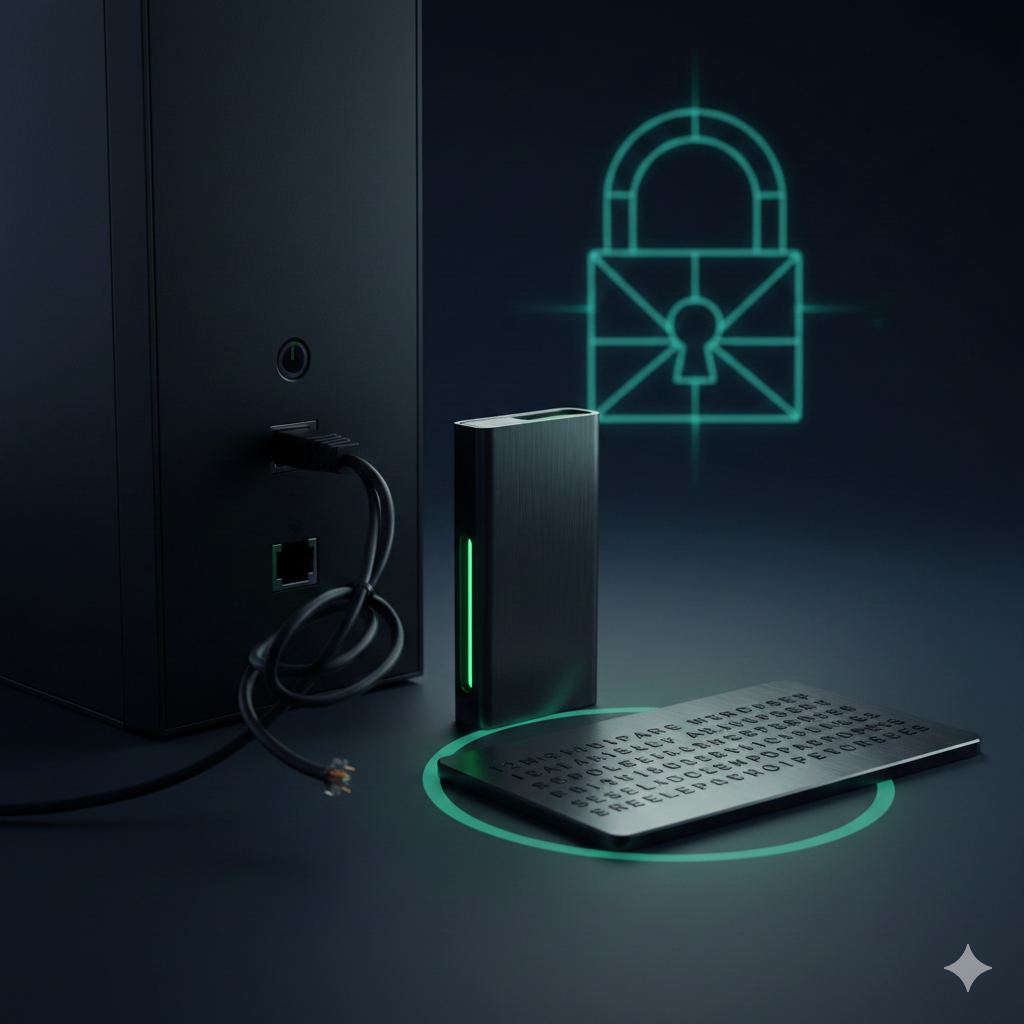 A sleek, futuristic hardware wallet device, resembling a secure USB stick, plugged into a computer that is physically disconnected from a network cable. Next to the device is a small metal plate engraved with a blurred 12-word seed phrase. The overall mood is high-tech security and isolation, representing cold storage.