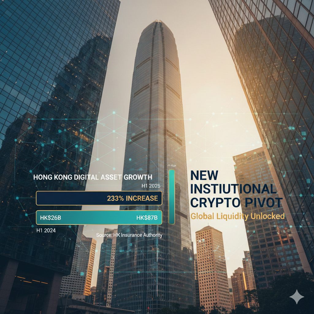 A professional bar chart showing Hong Kong digital asset transaction volumes in H1 2024 vs H1 2025, showing a massive 233 percent increase, styled in a clean financial news aesthetic with blue and gold accents.