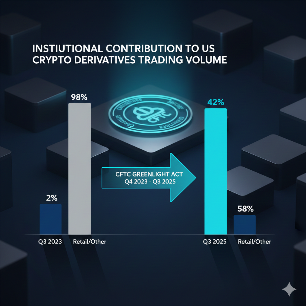 A bar chart showing the significant increase in institutional contribution to crypto derivatives trading volume, illustrating a jump from a negligible percentage in Q3 2023 to approximately 42% in Q3 2025. The style is professional and data-driven, using blue and green colors.