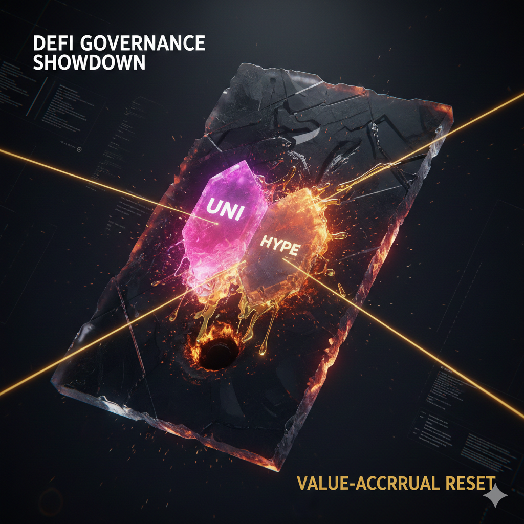 A high-contrast digital illustration for a financial magazine. A glowing shield with the acronym 'DUNA' protecting a digital 'UNI' token. In the background, a blurred Wall Street trading floor. Professional, authoritative style, gold and deep blue color palette.