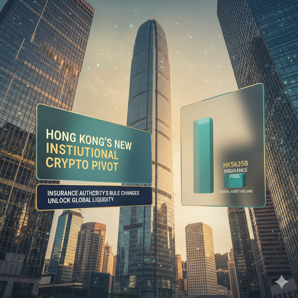 An infographic decision tree for insurance executives titled 'HK IA Crypto Investment Path'. It branches into 'Unbacked Crypto' with a 100 percent risk charge icon, and 'Regulated Stablecoins' with a lower fiat-pegged risk weight icon. Sleek, professional, and technical design.