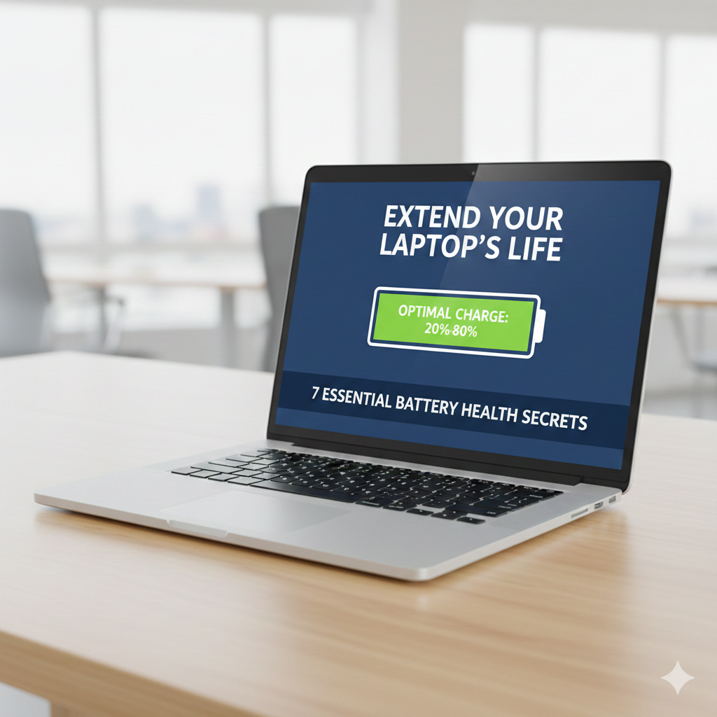 A modern laptop placed correctly on a clean, wooden desk surface, emphasizing proper ventilation and a hard, flat surface. The lighting is bright and professional, illustrating the best practice for heat management.