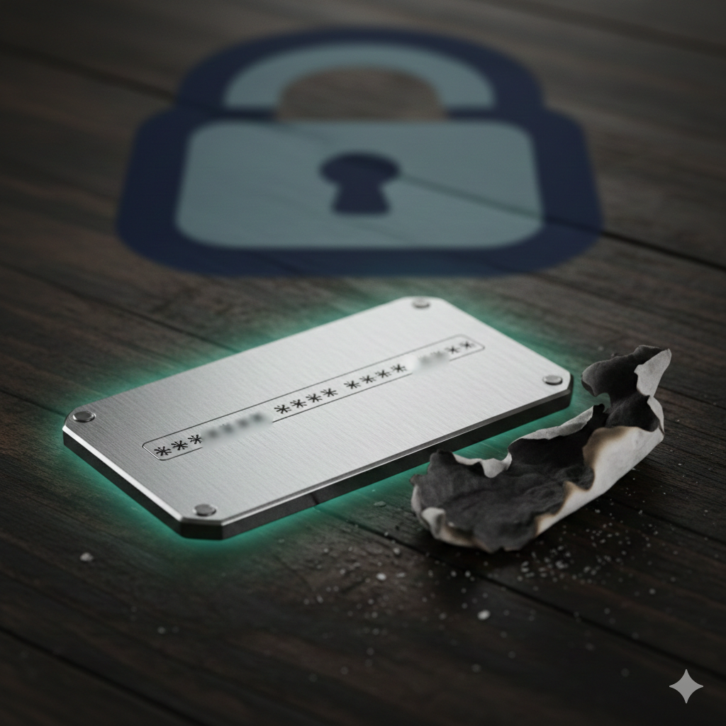 A close-up photograph of a durable, fire-resistant metal plate (e.g., Cryptosteel) engraved with the first four blurred words of a recovery seed phrase. The plate is resting on a dark wooden table next to a charred piece of paper, visually contrasting the durability of physical, durable backup methods against fragile digital or paper backups.