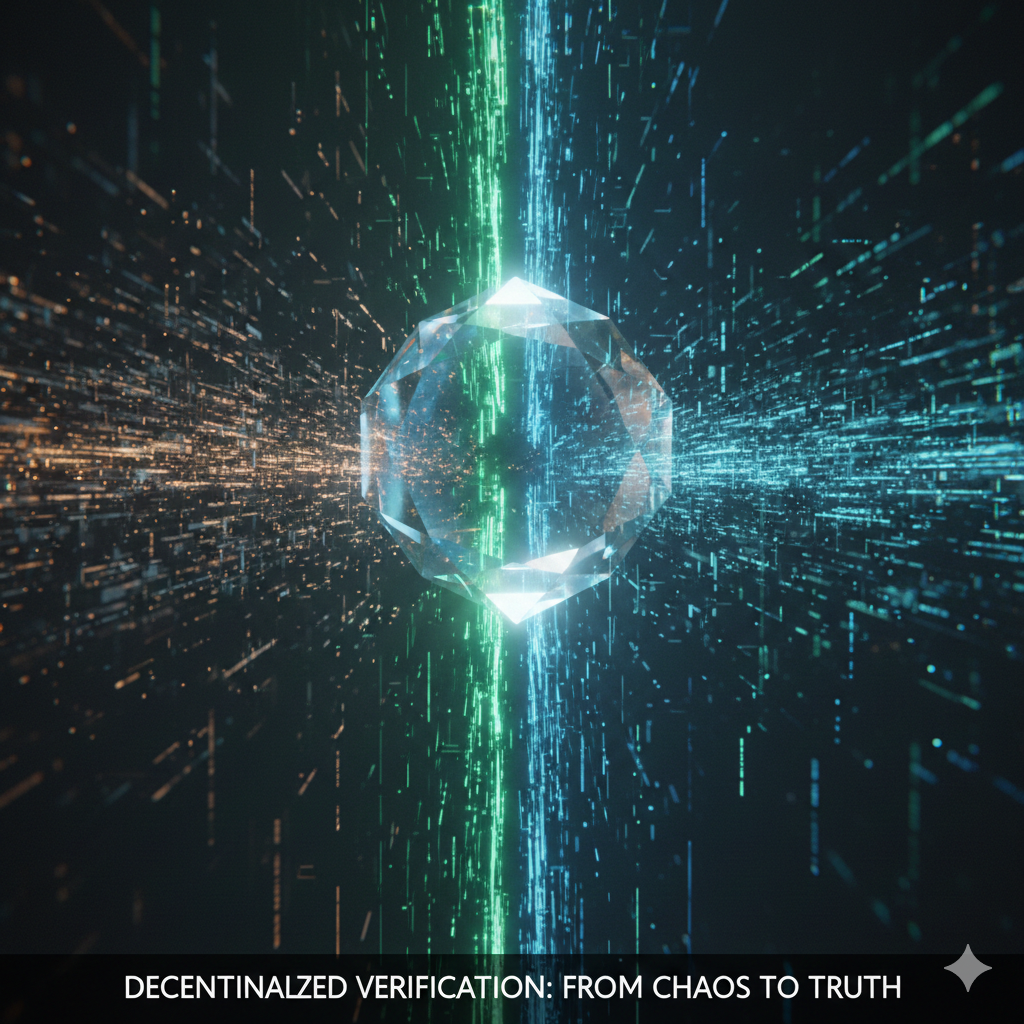 A technical flowchart showing a raw AI prompt entering a blockchain network, being split into 'Atomic Claims', verified by diverse global nodes, and recombining into a 'Verified Content' output with a holographic seal of authenticity.