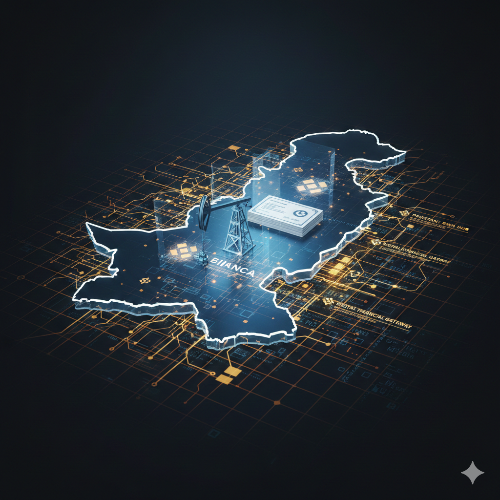 Stylized map graphic highlighting Pakistan's strategic location in South Asia with the blockchain/cryptocurrency logo overlaid, representing an 'Emerging Market RWA Hub.' The graphic should use a technical, optimistic color palette (greens, blues) and incorporate subtle digital ledger lines.