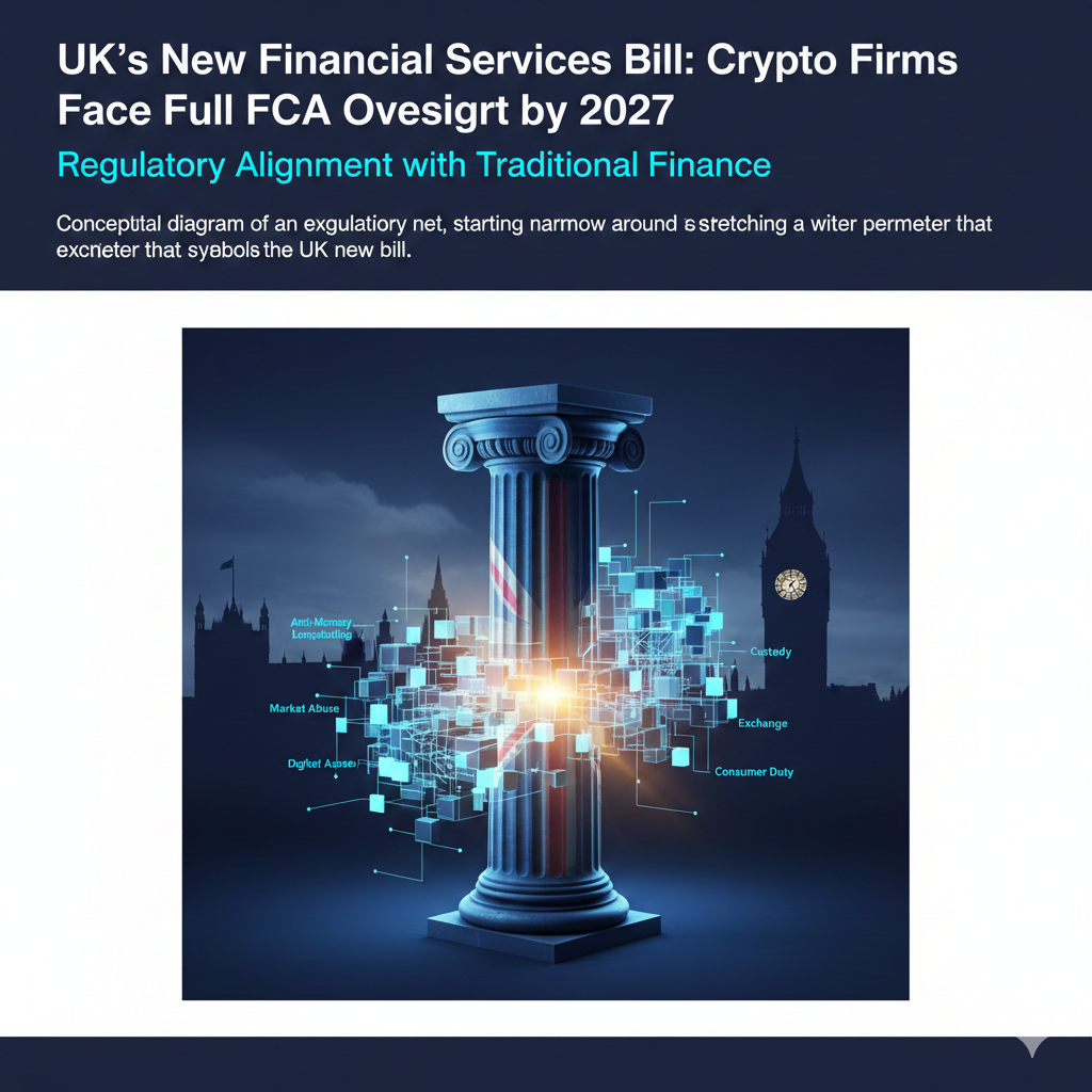Conceptual diagram of an expanding regulatory net, starting narrow around Anti-Money Laundering (AML) and stretching outward to encompass a wider perimeter that includes Market Abuse, Custody, Exchange, and Consumer Duty, symbolising the UK's regulatory expansion for crypto firms. The net is catching various stylised digital assets. Clean, professional graphic with a blue and white color palette.