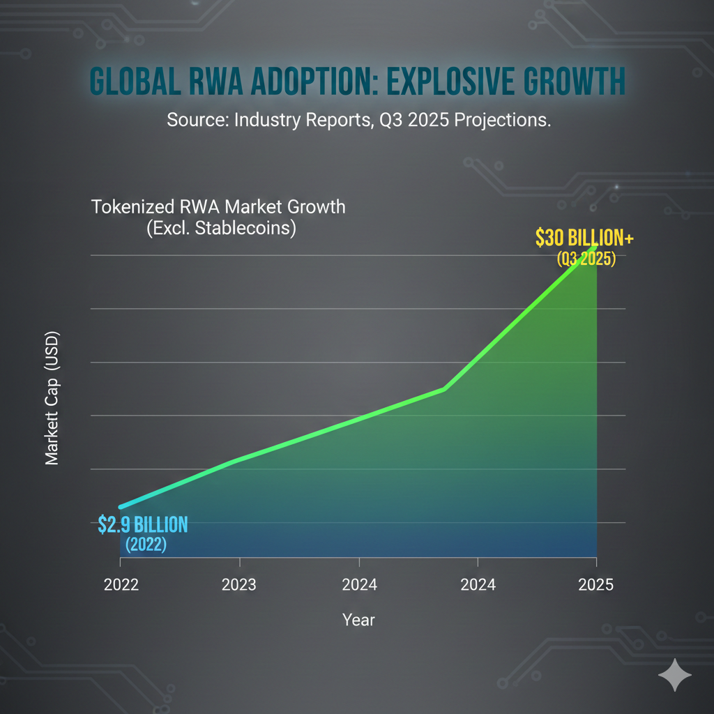 Infographic showing a clear upward-sloping line chart tracking the explosive growth of the Tokenized RWA Market (excluding stablecoins), labeled with key data points: $2.9 billion in 2022 and over $30 billion by Q3 2025. Use a gradient from a cool blue to an optimistic green to represent growth.