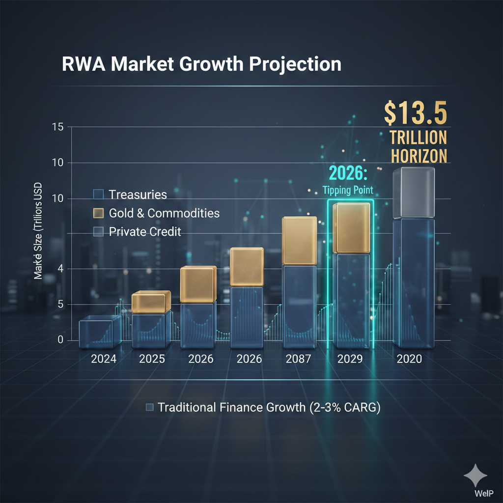 A professional 3D bar chart showing the exponential growth of Tokenized Real-World Assets from 2024 to 2030, contrasting RWA growth against traditional finance growth rates, in a clean blue and silver corporate aesthetic.