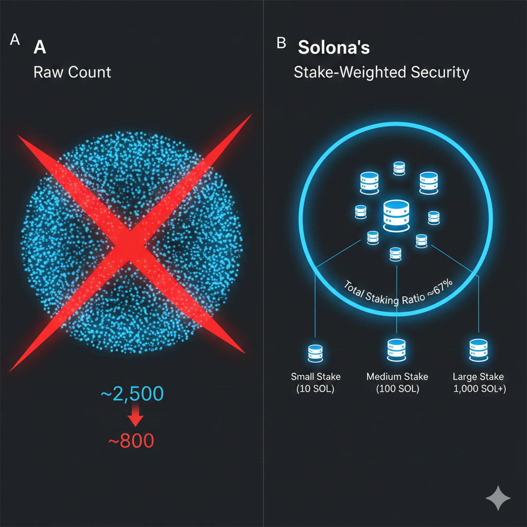 A technical diagram illustrating the concept of stake-weighted security in a Proof-of-Stake system like Solana. The diagram should show three different sized validator nodes (small, medium, large server icons). Text next to the nodes should clearly state that the 'Large' validator, despite being one node, controls a disproportionately larger share of the total voting power (e.g., 40% of stake) compared to the 'Small' validator (e.g., 5% of stake). A central axis should clearly label the importance of 'Total Staked SOL' over 'Validator Count'.