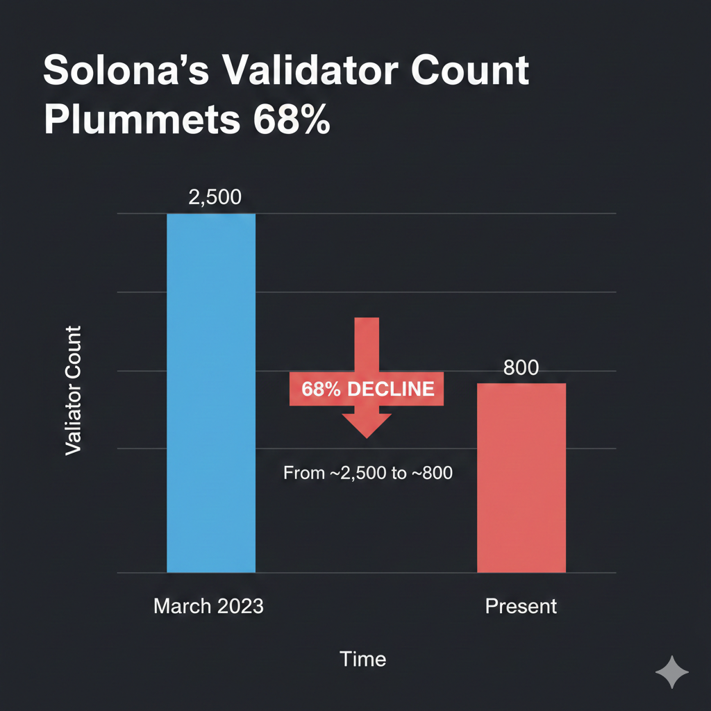 A clean, analytical bar chart showing the decline in Solana's active validator count. The first bar (labeled March 2023) shows a value of approximately 2,500, and the second bar (labeled Current/Late 2025) shows a sharp decline to approximately 800. An overlaid red arrow emphasizes the 68% drop. The chart should use a technical color scheme (e.g., deep blue and red) and a confident, professional design.