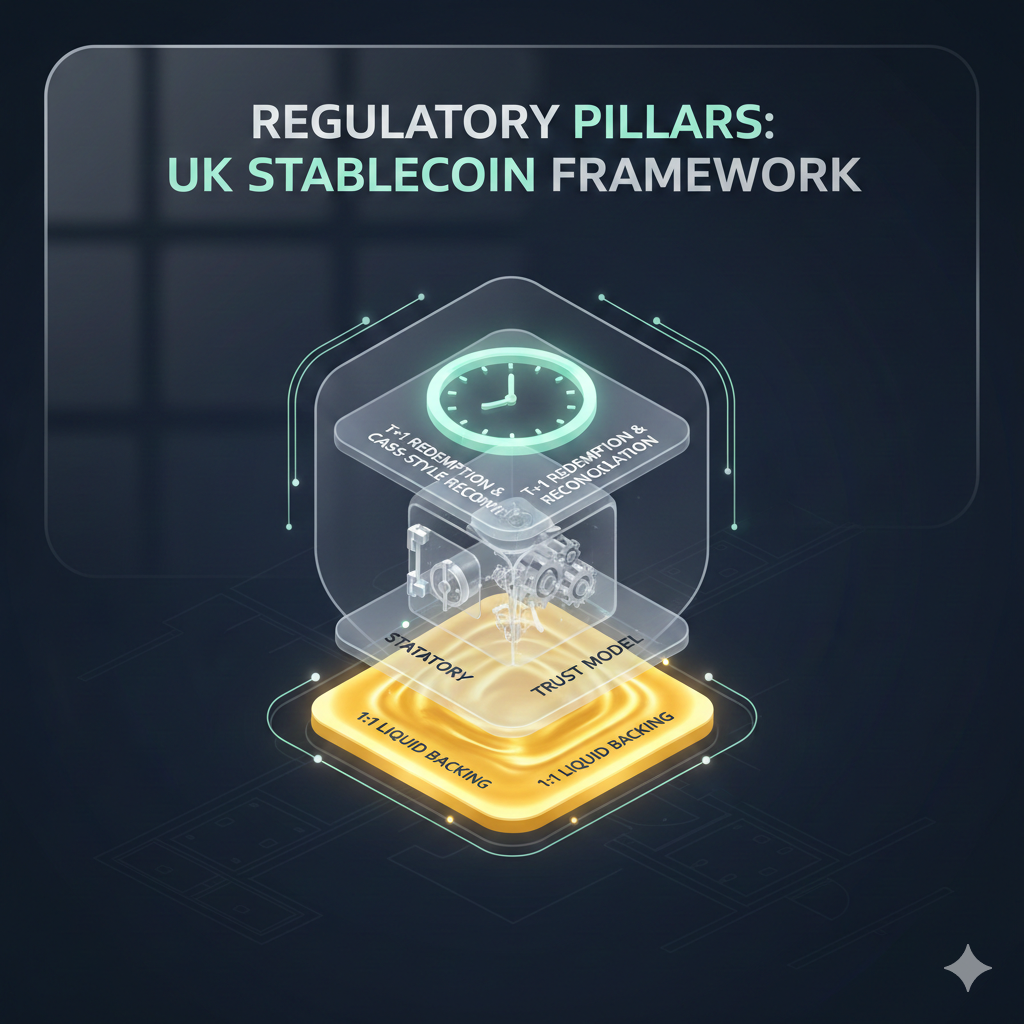 A high-authority infographic titled 'The UK Stability Shield' showing 1:1 liquid asset backing, the Statutory Trust model, and T+1 redemption.