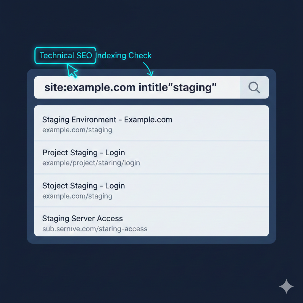 A minimalist design showing a search bar on a screen. Inside the search bar is the query: site:example.com intitle:"staging". The results below are clean and sparse, demonstrating the power of the site: operator for technical auditing.
