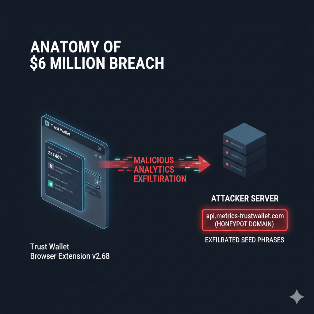 A technical flow diagram showing a browser extension interface on the left, an arrow labeled 'Decrypted Mnemonic Exfiltration' pointing to a central analytics cloud icon, and a final arrow leading to a hooded hacker silhouette at a server terminal labeled 'api.metrics-trustwallet.com'. The style is clean, professional, and data-driven with a dark cybersecurity aesthetic.