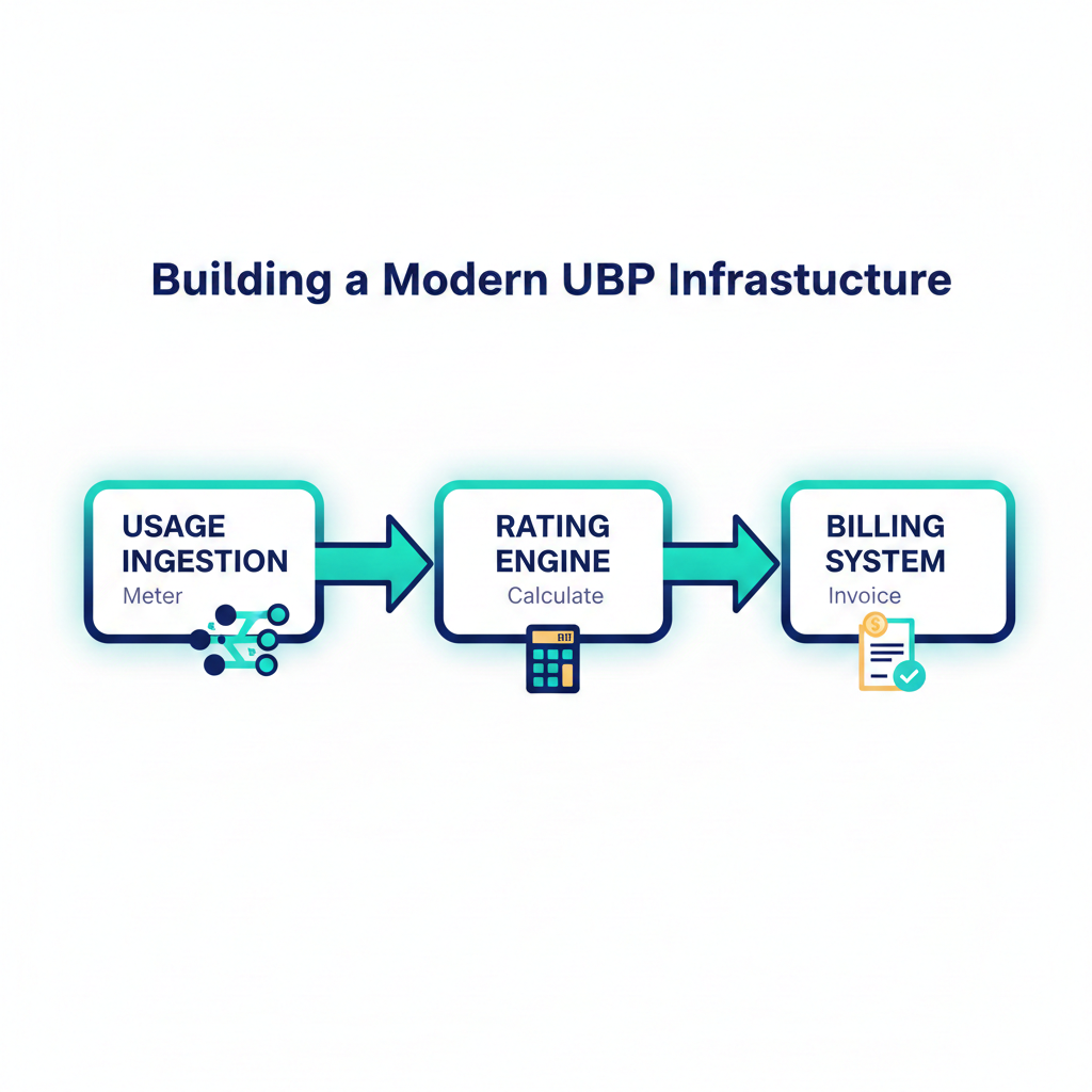 A clean, professional technical flow chart illustrating the three main steps of a Usage-Based Pricing system: 'Usage Ingestion (Metering)' leads to 'Rating Engine (Pricing Logic)' which leads to 'Automated Billing & Invoicing.' Use icons like a data stream for ingestion, a calculator for the rating engine, and a dollar sign for billing.