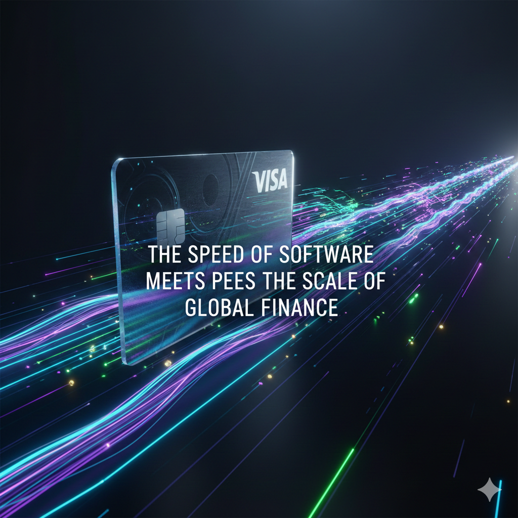 A clean, professional 3D bar chart showing the exponential growth of Visa's stablecoin settlement volume from 2023 pilots to the 2025 $3.5B production run rate, styled in corporate blue and Solana purple gradients.