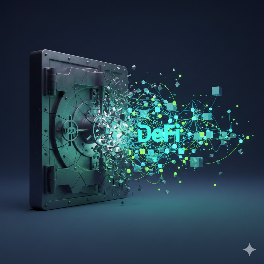 A simplified graphic illustrating Yield Farming. A digital farmer plants tokens into a field labeled 'Liquidity Pool'. The plant grows, yielding both transaction fees and a new, distinct 'Governance Token' as rewards, representing the active, high-yield, high-risk nature of the practice.