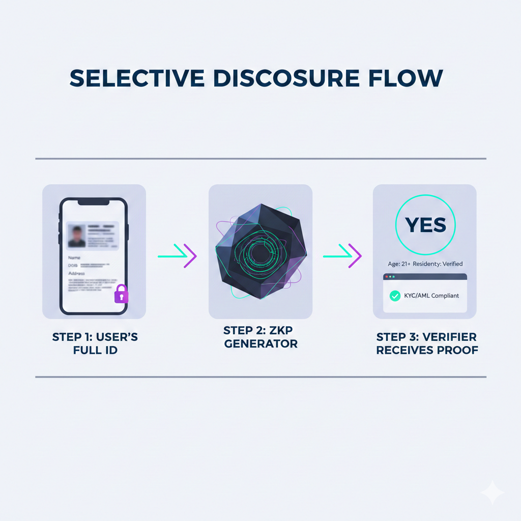 An infographic showing a user interacting with a digital vault on a smartphone; a green checkmark appears on a terminal representing 'Verified Age' while the user's actual birth certificate remains locked and blurred, titled 'Privacy by Design'.