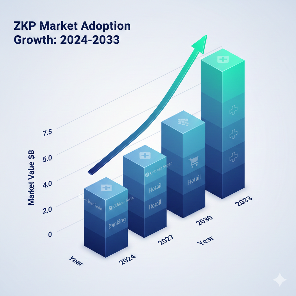 A professional 3D isometric bar chart showing the growth of Zero-Knowledge Proof market from 2024 to 2033, with distinct segments for Banking, Retail, and Healthcare, using a clean blue and silver tech aesthetic.