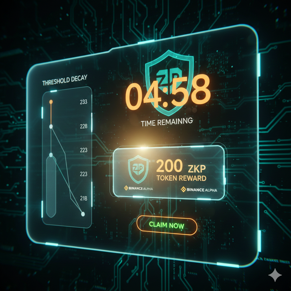 Digital dashboard UI showing a countdown timer and a descending point scale for the ZKP airdrop.