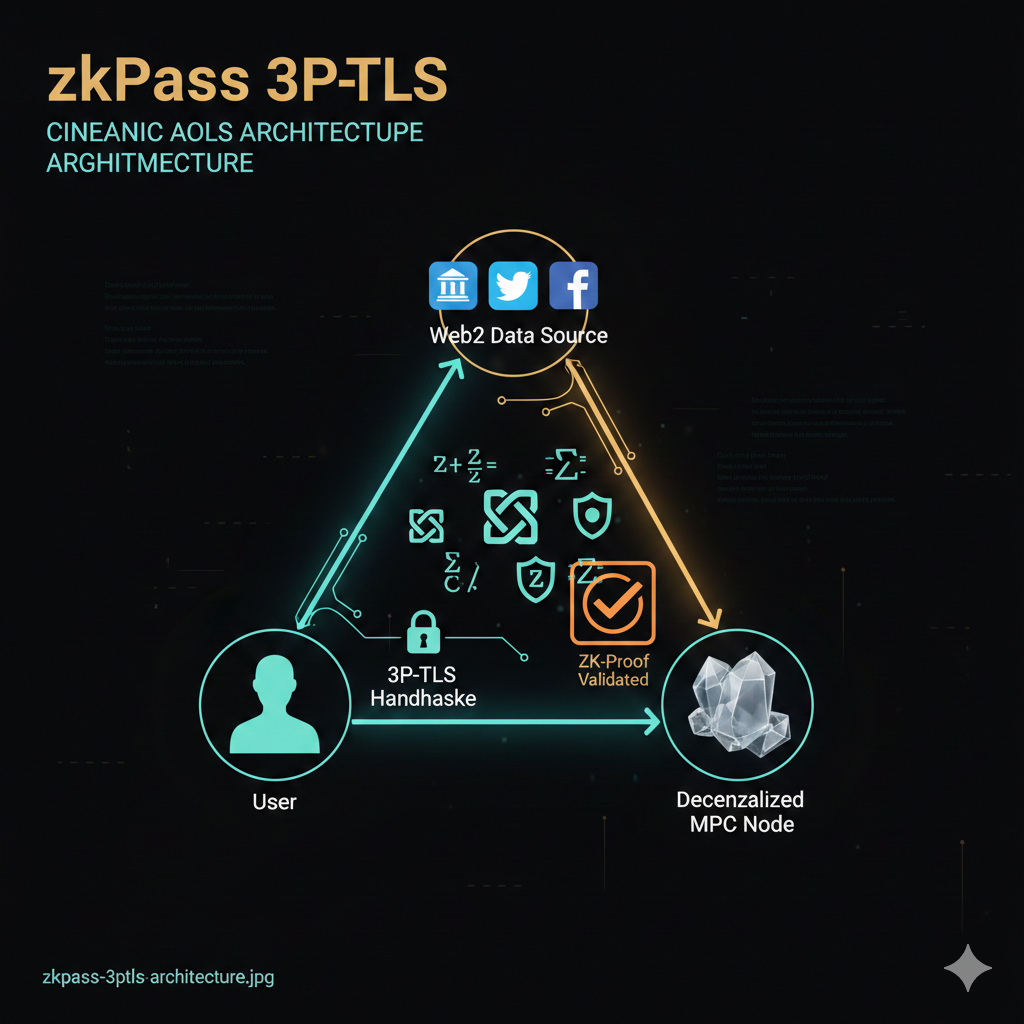 A high-tech, cinematic infographic showing a three-way connection between a User, a Decentralized MPC Node, and a Web2 Data Source. Glowing lines of blue and gold data represent the 3P-TLS handshake.