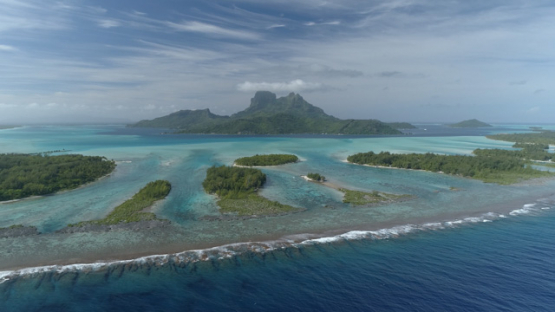Aerial panoramic view of the island Bora Bora and lagoon, 4K UHD