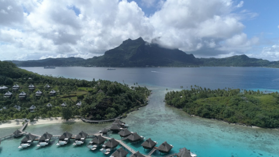 Aerial view of the island Bora Bora and hotel, Toopua, 4K UHD