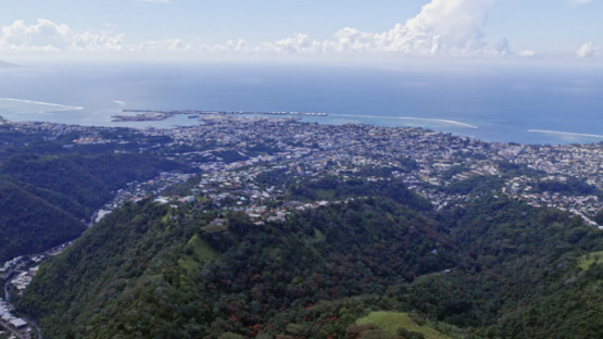 Aerial view of town Papeete shot from the Belvedere, Tahiti, 4K UHD