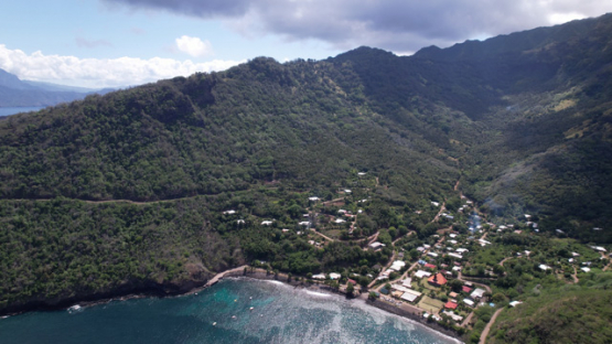 Tahuata, aerial drone view, Vaitahu village, marquesas islands, Polynesia, 5K4