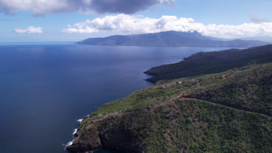 Aerial drone view of Tahuata coast line and Hiva Oa, marquesas islands, Polynesia, 5K4