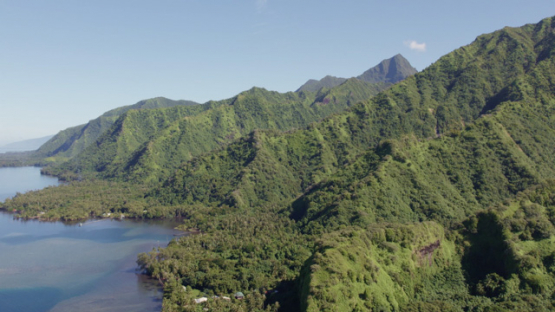 Aerial drone view of Tahiti, Te Pari coastline and mountains, 4K UHD