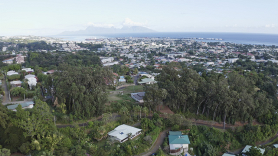 Pirae, View of Papeete from the Belvedere by drone, Tahiti, 4K UHD