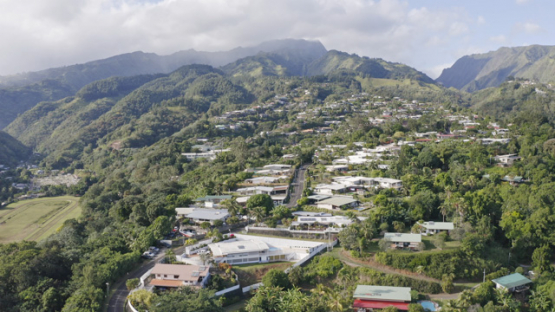 Pirae, View of redential district from the Belvedere by drone, Tahiti, 4K UHD