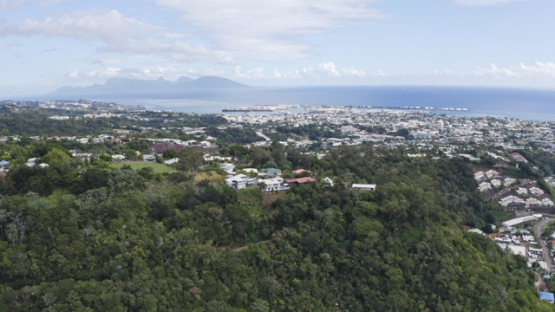 Pirae, View of Papeete and Moorea from the Belvedere by drone, Tahiti, 4K UHD