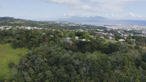 Pirae, View of Moorea and Papeete from the Belvedere by drone, Tahiti, 4K UHD