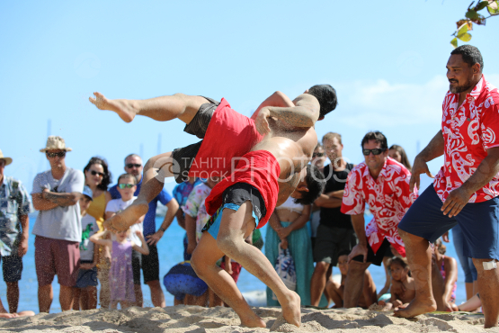 Tahiti, Two men wrestling, Traditional Wrestling Competition, Tuaro Maohi, Polynesia