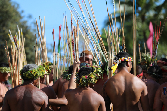 Tahiti, Polynesian men with with javelins, traditional javelin throwing competition, Tuaro Maohi, Polynesia