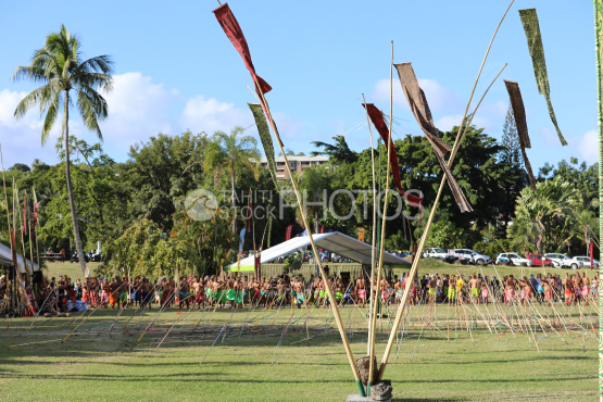 Tahiti, Polynesian man with pareo, traditional javelin throwing competition, Tuaro Maohi, Polynesia