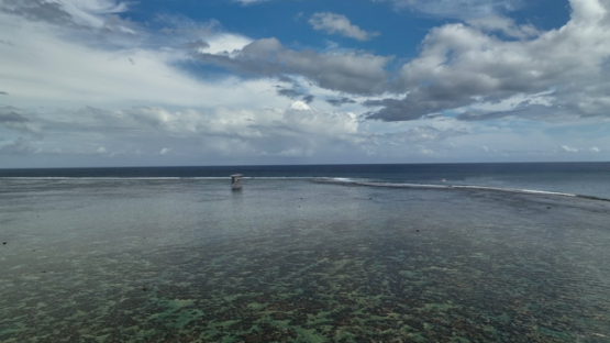 Aerial view by drone, Teahupoo, ocean, new surf judges tower, 4k UHD